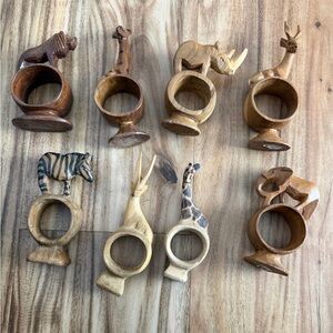 Vintage 8 Hand Carved African Safari Animal Wooden Napkin Rings Elephant Zebra
